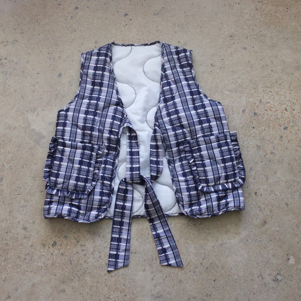 Quilted Plaid Wrap Top Navy & White Tie Front Ruffle Pocket Cottagecore Size S